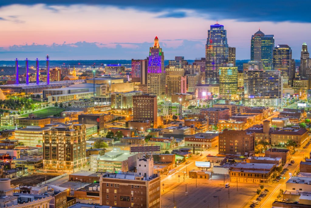 large shot of missouri skyline with edited rainbow colors