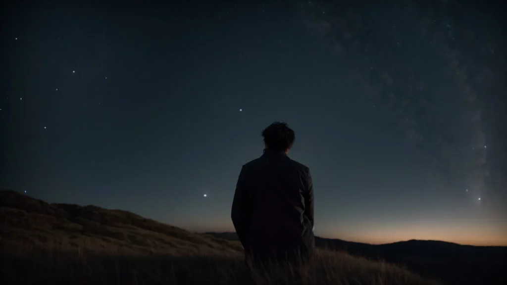 a person gazing thoughtfully at a starry sky, pondering their place in the universe.