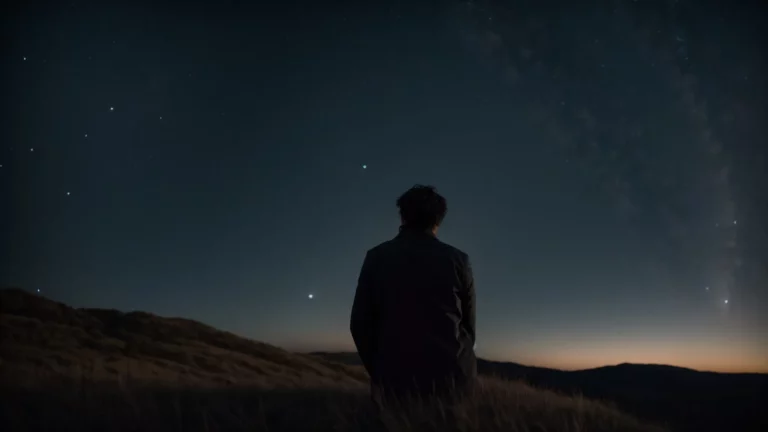 a person gazing thoughtfully at a starry sky, pondering their place in the universe.