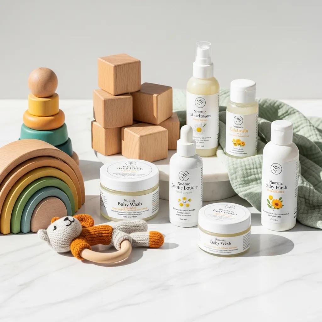 Variety of non-toxic baby items including wooden toys and natural skincare products