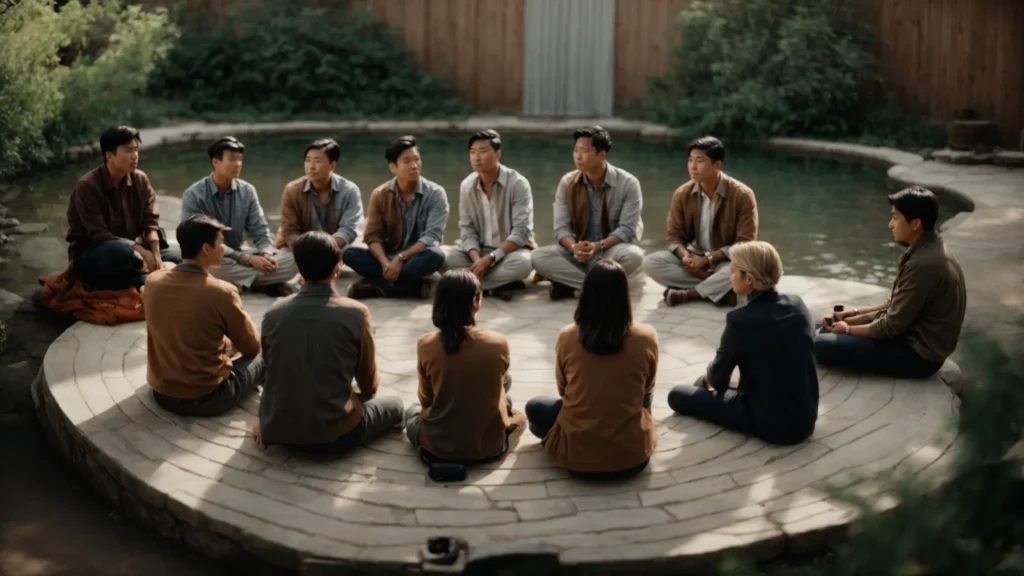 several people are comfortably seated in a circle, engaging in attentive conversation.